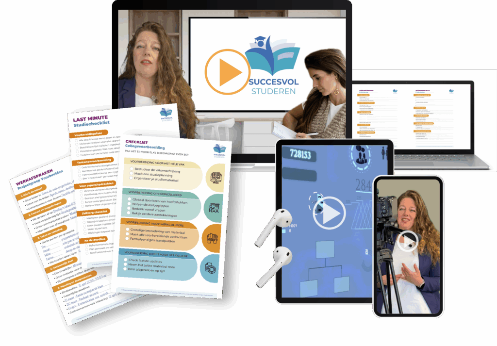 Afbeelding van studiemateriaal en online cursussen met video’s, checklists, laptops, tablet en smartphone, met de titel 'Succesvol Studeren'