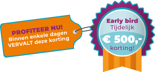 salespage-kortingslabel Label met de tekst "Profiteer nu! Binnen enkele dagen vervalt deze korting" en een medaille met "Early bird, tijdelijk €500,- korting!"